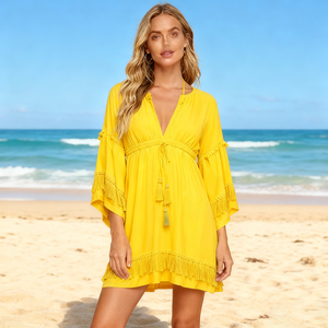 Abito Estivo da Donna Personalizzato OEM con Scollo a V Profondo, Bianco in Pizzo a Maniche Lunghe per Matrimoni e Feste, Elegante con Volant - Product Image 3