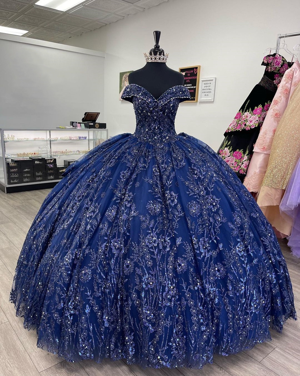 navy blue quince dress with silver Misshow Dark Navy Tulle Quinceanera Dress Off-Shoulder Beaded Ball Gown with Sparkly Silver Appliques for Sweet 16 & Birthday Parties