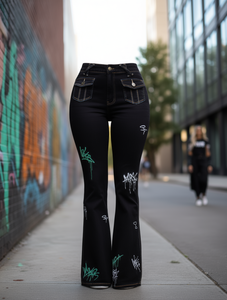 Jeans de Mezclilla de Cintura Alta y Corte Acampanado para Mujer, Casuales, Largos, de Color Sólido, Transpirables, Corte Regular, Estilo Primavera, con Botones Simples, Azules - Product Image 2