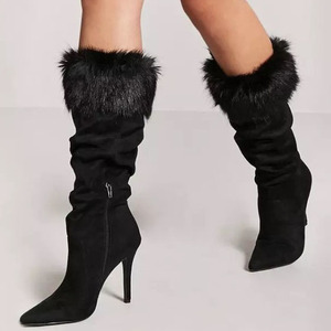 Suede Upper Fluffy Fur Women Pile up Boots Side Zipper Comfortable Short Booties High <b>Heel</b> Half Knee High Daily Boots Shoes - Product Image 2