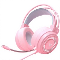 Headset Gaming Pink Berkabel Over-Ear 7.1 Stereo Surround Sound ANC Lampu RGB Peredam Kebisingan Mikrofon Kontrol Tombol Kabel 2m