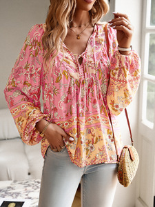 Blusa de Manga Larga con Estampado Floral Bohemio Personalizada al por Mayor para Mujer, Blusa Informal con Cuello en V Vintage para Vacaciones de Verano - Product Image 2