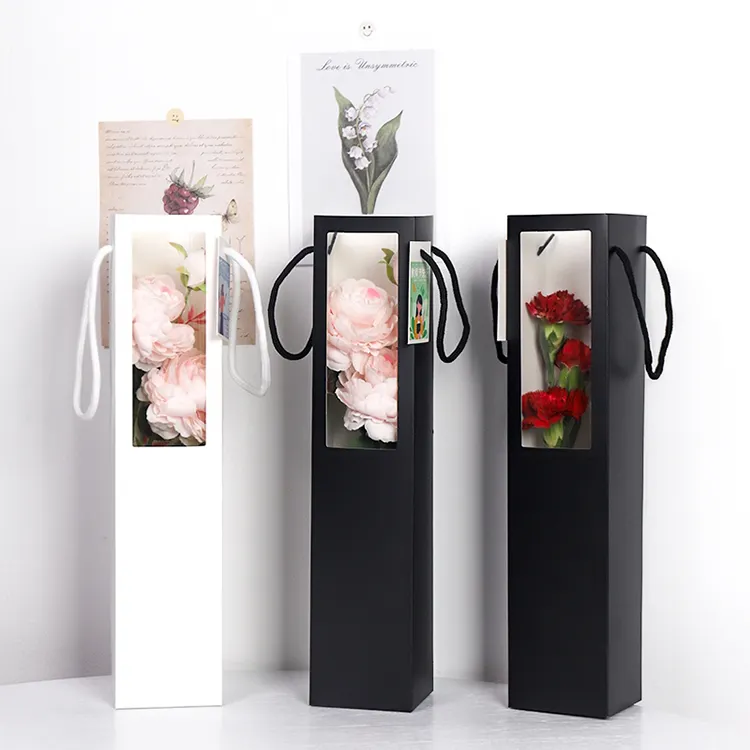 लक्जरी एकल गुलाब का फूल उपहार बैग पारदर्शी खिड़की के साथ फूल के गुलदस्ते के लिए उपहार कागज कार्ड बक्से