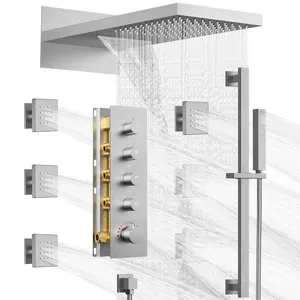 Ceiling Rain Shower System With 6pcs On/off Switch Shower Jets Spray 12 Inch LED Thermostatic Full Body Shower Faucet