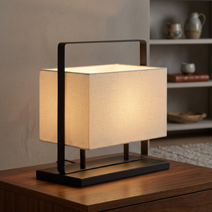 Modern Beige Linen Drum Shade Rectangular Table <b>Lamp</b> Metal Base E27 LED <b>Switch</b> Control Eco-Friendly Decorative Bedroom Lighting - Product Image 4