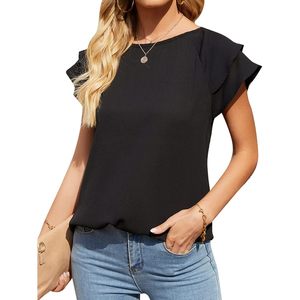 Chemisier d'été décontracté en mousseline de soie pour femmes, manches courtes, volants, coupe ample, noir, taille S - Product Image 1