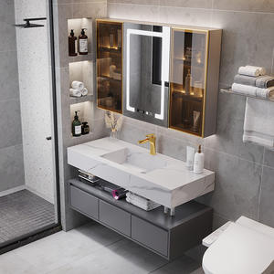 Modern Minimalist Seamless Sintered Stone Basin Vanity Rubber Wood Bathroom Sink CabinetFloating Design - Product Image 4