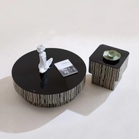 Table basse minimaliste moderne à rayures noires et blanches avec placage en bois et combinaison de table basse en verre trempé