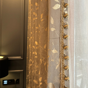 Tenda di Lusso in Stile Romantico Francese, Jacquard Dorato e Grigio con Occhielli, 1000g, per <span class=keywords><strong>Soggiorno</strong></span> e Camera da Letto - Product Image 1
