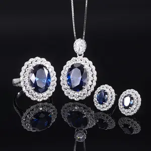 Classical Pure 925 Sterling Silver Simulated Tanzanite Sapphire Rings Earring Necklace Banquet Bridal Jewelry Set Women