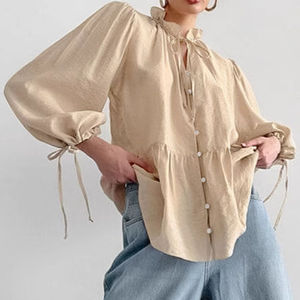 Enyami Ruffle vá làm việc dây rút Saree thời trang Tops pháp đường phố mặc giản dị lỏng đứng lên cổ áo phồng tay áo Phụ nữ - Product Image 4