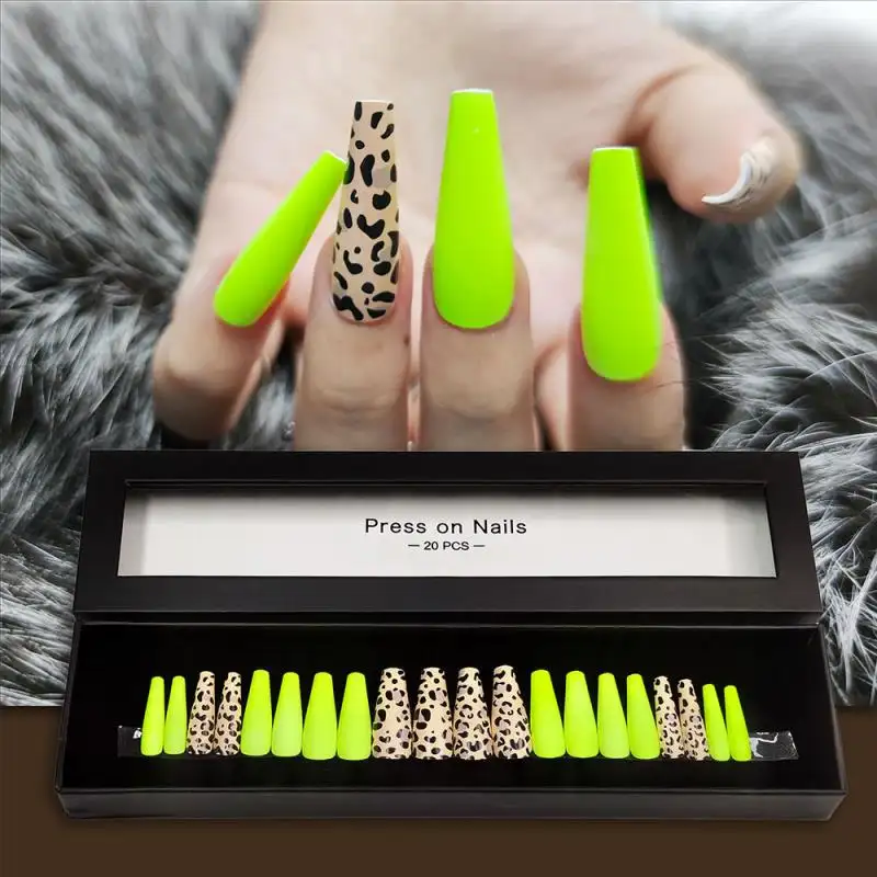Новые товары для ногтей гепарда, длинный гроб 2021, искусственный гвоздь с полным покрытием, дизайн, пресс для ногтей с коробкой