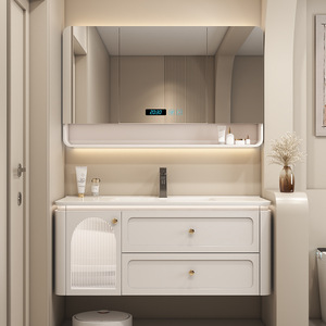 Cream White Wall-Mounted Bathroom <b>Vanity</b> with LED Smart <b>Mirror</b> Soft-Close Storage Drawers - Product Image 1