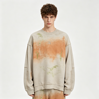 Sweat-shirt vintage délavé à effet tie-dye, broderie petite sur la poitrine, coutures apparentes, épaules tombantes, coupe décontractée, style streetwear