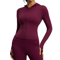 Chaqueta de Yoga con Capucha para Mujer, de Manga Larga, Color Sólido, Ajustada, Elástica, con Cintura Elástica, de Poliéster, Resistente al Viento, para Actividades al Aire Libre