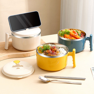 Boîte à lunch en acier inoxydable 304, grande capacité, bol à nouilles instantanées avec couvercle, gobelet bento pour étudiants, forme cylindrique, couleur unie - Product Image 3