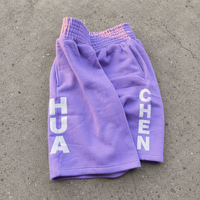 Shorts en molleton épais personnalisés, lavande, taille smockée, coupe oversize et carrée, imprimé lettres verticales, fabricant OEM sous marque privée