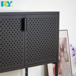 Meuble <span class=keywords><strong>TV</strong></span> moderne pliable en acier noir avec panneaux de porte perforés pour salons, chambres ou bureaux - Product Image 5