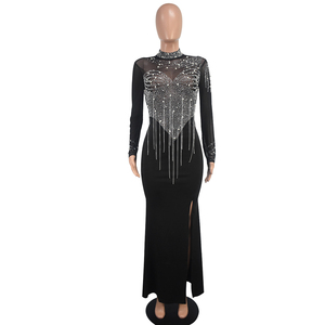 Chiffon Diamond-Encrusted Chain Evening Gown, Formal Long-Sleeve Asymmetrical <b>Split</b> <b>Dress</b> for Women - Product Image 6