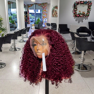 99j Burgundy Red Remy Brazil tóc tóc giả xoăn nước sâu sóng ren phía trước cắt ngắn Bob trước nhổ 10-16inch phía trước cho phụ nữ - Product Image 2