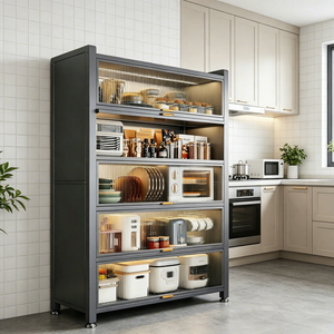 <span class=keywords><strong>Meuble</strong></span> de rangement de cuisine moderne avec portes en verre cannelé, étagère de rangement métallique à 5 niveaux <span class=keywords><strong>pour</strong></span> micro-ondes <span class=keywords><strong>et</strong></span> <span class=keywords><strong>four</strong></span> - Product Image 6