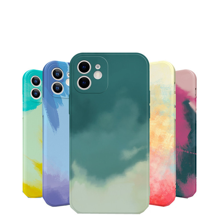 2021 Fashion design Liquid Silicone TPU Watercolor painting nice mobile phone case Back Cover for iPhone 12 11 silicone case