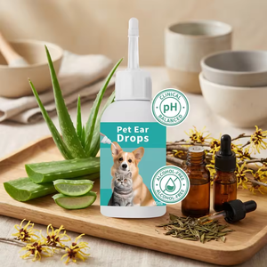 Gouttes auriculaires naturelles à base de plantes pour animaux de compagnie, directement de l'usine, nettoyant sûr pour les oreilles, éliminateur de cire et d'odeurs pour chiens et chats - Product Image 1