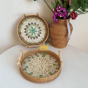 Eco-friendly Decorative Round Mother of Pearl and Rattan Handmade Serving & Storage Tray with <b>Handle</b> From Vietnam - Product Image 4