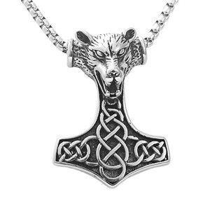 Thor's Hammer Pendant Stainless Steel Men's Necklace Animal <b>Head</b> Retro <b>Style</b> Gift 190132 - Product Image 4