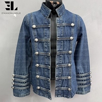 Veste Napoléon en jean vieilli LARSUR, coupe slim, col montant, style motard, avec short en jean, veste hussarde