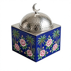Caja de Metal Esmaltada Azul Rey con Tapa de Cúpula y Diseño Floral de Rosas y Palmeras, Tarro de Almacenamiento, Caja de Regalo de Lujo - Product Image 1