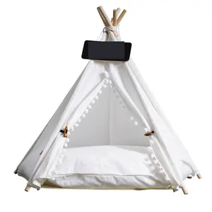 Hot Sale Natuur Winddicht Huisdier Huis Luxe Mode Hond Kat Bed Katoenen Linnen Tipi Tent Met Mat Voor Huisdieren Met Grenen