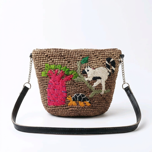Bolso bandolera bohemio de rafia con bordado de animales de dibujos animados, correa para el hombro, bolso informal de capacidad media para mujer - Product Image 5