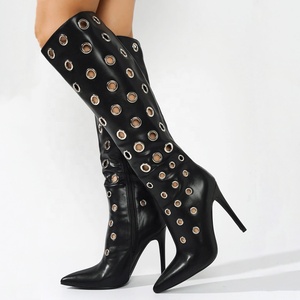 Summer Women <b>Knee</b> <b>High</b> Boots Metal Holes Stiletto Dress Shoes Slim Heels Eyelet-embellished Long Booties - Product Image 5