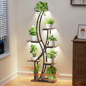 Étagère de rangement moderne en métal pour plantes d'intérieur avec lampe en bois enduit de poudre pour balcon - Product Image 5