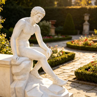 Klassische Griechische Stil Villa Garten Weißer Marmor Sitzende Männliche Nacktfigur Statue