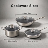 Ensemble de casseroles en acier inoxydable G001, wok de 30 cm, marmite de 24 cm, poêle à frire de 24 cm, corps gris, couvercle en verre, poignée en acier inoxydable