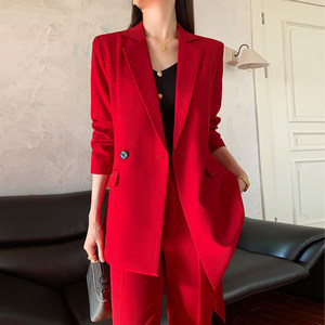 ชุดสูทผู้หญิงสีแดงแบบมืออาชีพ กระดุมเดี่ยว ดีไซน์สายรัดใหม่ สไตล์เรียบหรู สำหรับฤดูใบไม้ผลิและฤดูใบไม้ร่วง เหมาะสำหรับงานศิลปะ - Product Image 2
