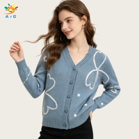 AJB 2026 Cardigan d'hiver en coton et acrylique pour femme, col en V, boutons, broderie de dessin animé, tricoté, manches longues, coupe ample vintage, OEM