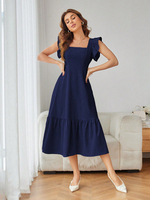 Robe personnalisable avec logo, nouvelle collection été, col carré, manches courtes volantées, dos ouvert, haut de gamme, pour femme
