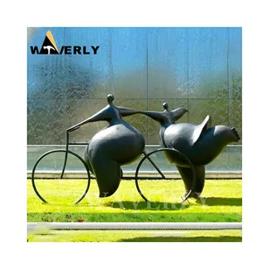 Modern Outdoor Abstract Copper Figure Statue Large Metal Art Fat Woman And Man Bicycle Sculpture For Sale