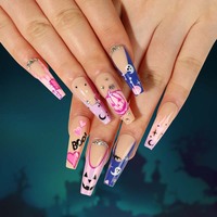 Faux ongles à presser pour Halloween avec motifs crâne, chauve-souris, citrouille, fantôme – Embouts d'ongles effrayants pour fête, cosplay, femmes