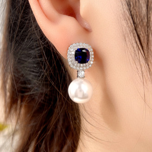 Pendientes de circonita azul con aspecto de perla para mujer, joyería elegante para las orejas - Product Image 4