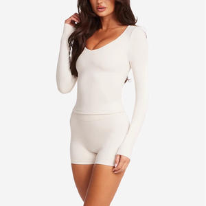 Sexy V-Neck manga comprida <span class=keywords><strong>Yoga</strong></span> Top Embutido Sutiã Acolchoado Slim Fit Toning Workout Secagem Rápida Respirável Tecido Ginásio Correndo Impressão - Product Image 6