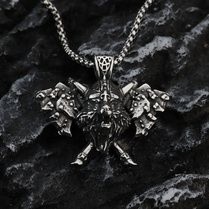 Stainless Steel Men's Viking Wolf <b>Head</b> Pendant Necklace With Double Axe Design Animal Shape Punk <b>Style</b> Jewelry - Product Image 4