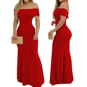 Dress long red fishtail temperament elegant one-shoulder evening dress