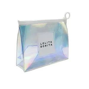 Custom logo holographic PVC transparent gift pouch wash travel makeup cosmetic bag with handle