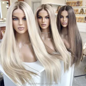 100% russian human Hair HD Lace front wig Cuticle Aligned highlights ash blonde bone straight hair silk top full lace wig