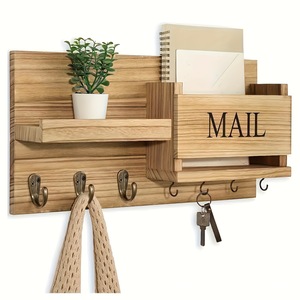 Wooden Wall Mounted Mail Organizer With Key <b>Hooks</b> And <b>Shelf</b> For Entryway Storage Natural Wood Color Rectangle Shape - Product Image 1