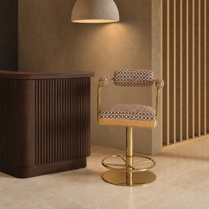 Chaise <span class=keywords><strong>de</strong></span> bar pivotante contemporaine en tissu camel, assise épaisse, dossier rembourré, base à disque avec pieds dorés, repose-pieds, <span class=keywords><strong>cave</strong></span> à vin - Product Image 3
